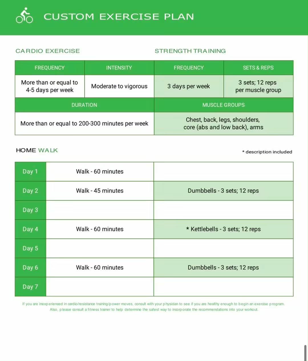 Custom exercise plan sample